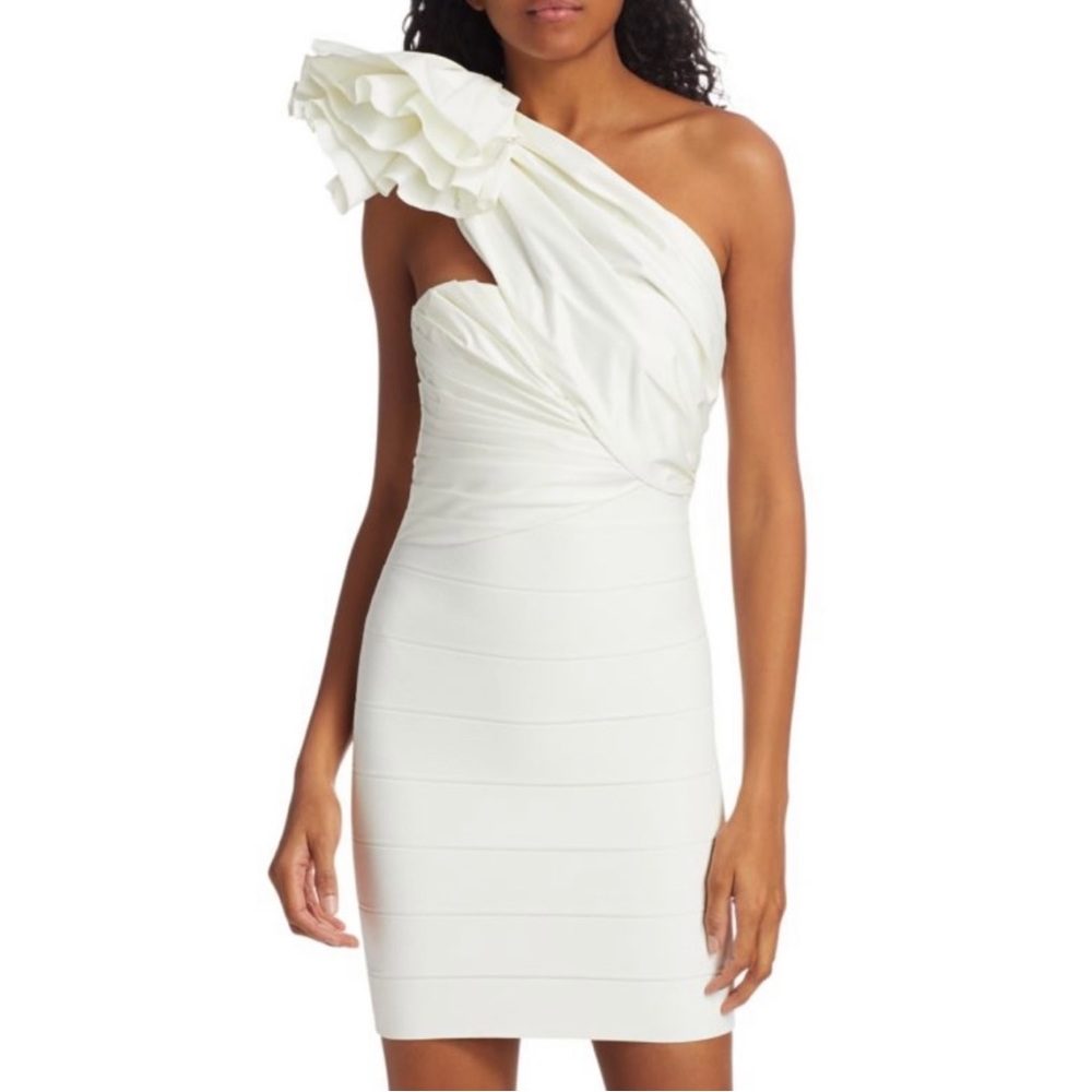 NWT HERVÉ LÉGER One-Shoulder Taffeta Ruffle Mini Dress White size L